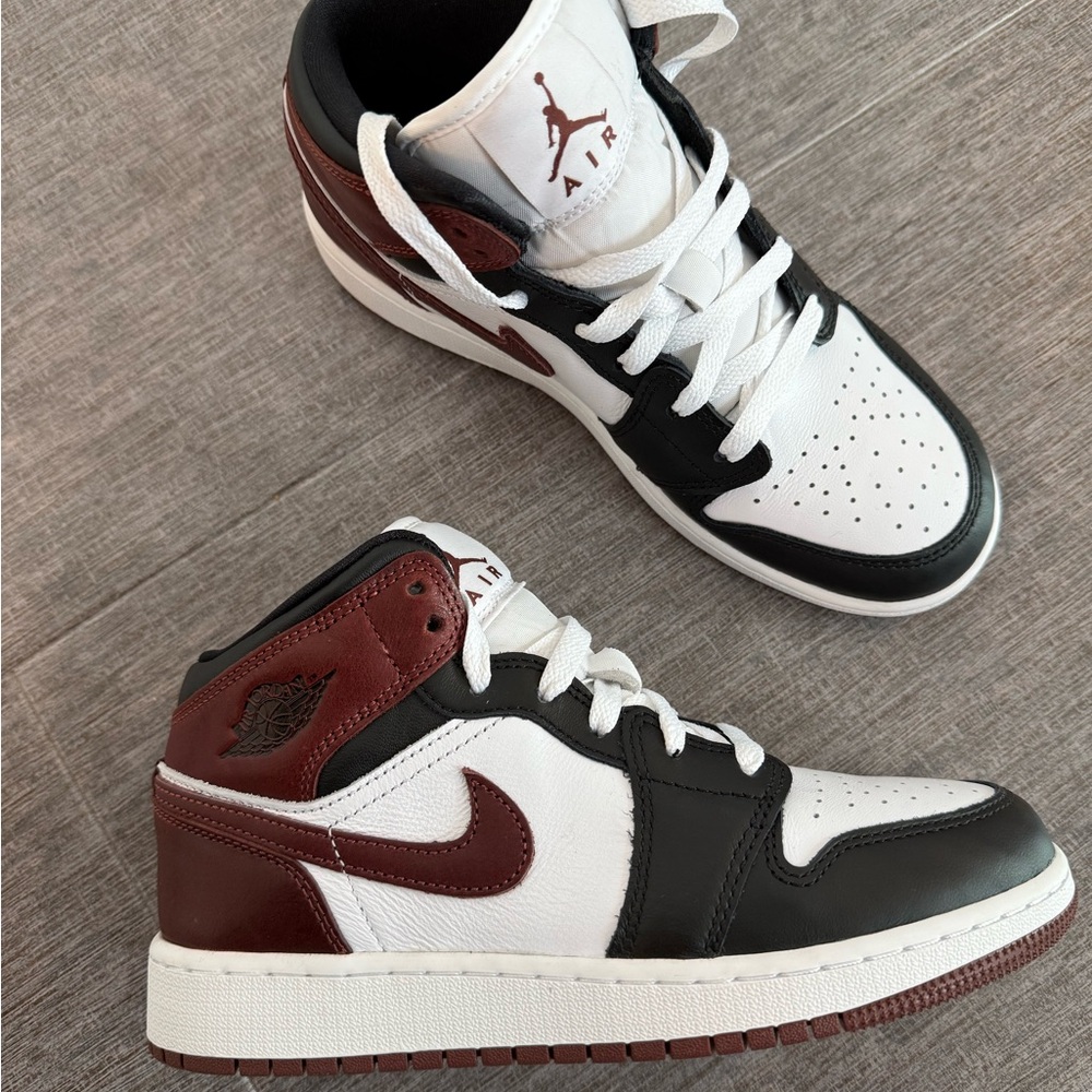 Jordan Youth Black, White, and Burgundy Sneakers